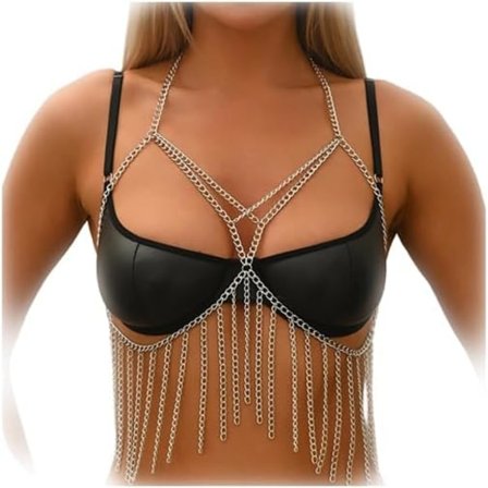 Punk Kvast BH Kropskæde y Multilags Sele Brystkæde Festival Rave Kropstilbehør Smykker til Kvinder Sølv