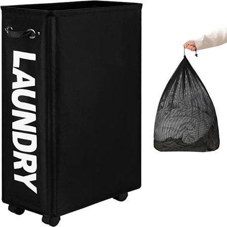 Förstorad smal tvättkorg med avtagbar tvättsäck på hjul, hopfällbar rullande tvättkorg, hopfällbar smal hörnförvaring för kläder