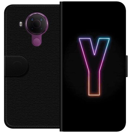 Yhteensopiva Lompakkokotelo Nokia Nokia 5.4 Minimalistinen neonkirjain Y värinvaihtuvassa valossa mustaa taustaa vasten
