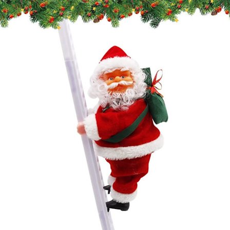 Elektrisk jultomte som klättrar på stege, klättrar upp och ner för stegen med musik och säck, presenter