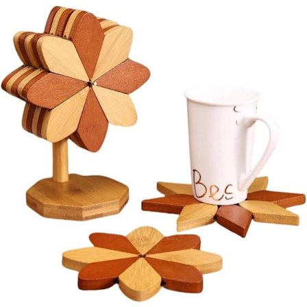 Treunderlag med blomstermønster 5-pakning bambus varmebestandige fatunderlag inkludert stativ