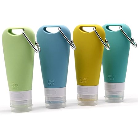 4-delars 90 ml läckagesäkra reseflaskor i silikon, påfyllningsbara toalettartiklar med karbinhakar – Perfekt för schampo