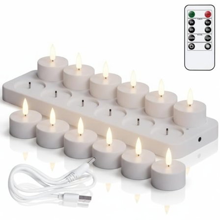 12-pack Uppladdningsbara LED-ljus med kontroll och timer, flamlösa laddningsbara - Fladdrande te-dekorationer{ROG}