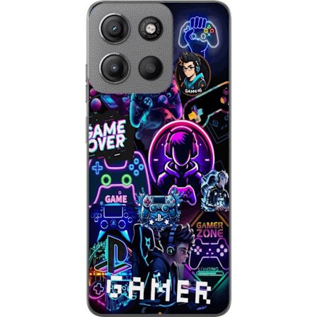 Kompatibelt Mobilskal till Motorola Motorola Moto G15 Power Neon Gamer Collage med Konsoler Headset och Gaming Vibes