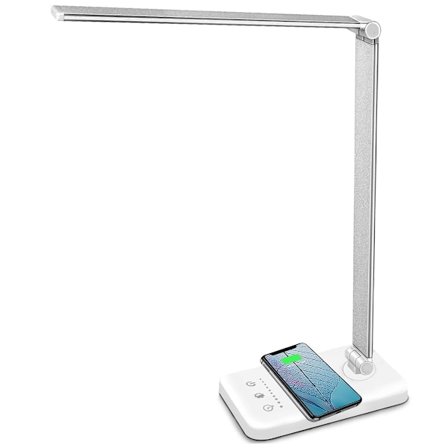 LED Skrivebordslampe med Trådløs Oplader, Dæmpbare Skrivebordslamper 10 Lysstyrkeniveauer 5 Farvetilstande, Sengelampe med USB-port og