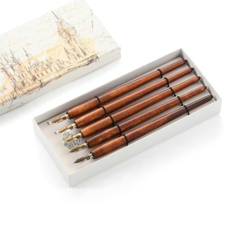 Allround Dip Pen Træstang Engelsk Skrå Kalligrafi Pen Julegave 5X Brun