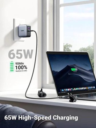Ugreen 65W GaN reiselader PPS 2x USB-C, 1x USB-A, Power Delivery 3.0, Quick Charge 4+