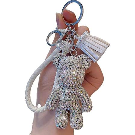 Wabjtam Pige Mode Luksus Diamant Teddy Bear Vedhæng Nøglering Rhinestone Nøglering Bil Tilbehør Hvid