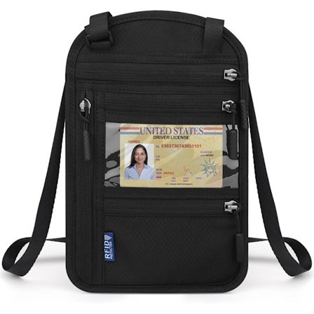 Rejse Halspose med RFID Blokering, Vandafvisende Rejse Pengepung Pas og Flybilletter, Justerbar Rejsedokument Taske Pose - Sort