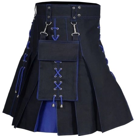Herre Kilt Utility Skotsk Tradisjonell Highland Solid Plissert Spenne Dress Kilts med Cargolommer Blå S