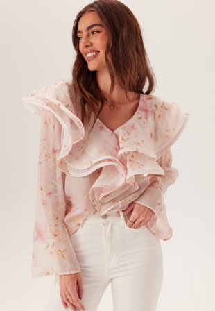 Bubbleroom Occasion - Flounce Sheer Blouse - Light pink/Floral