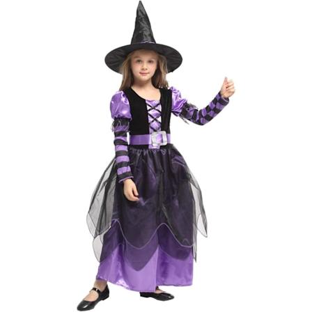 Heks Kostyme for Jenter - Halloween Kostyme med Hatt og Belte Barnas Karneval Cosplay (XL, 130-1