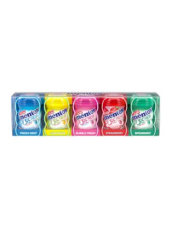 MentosThe packaging contains 5 flavours of Pure Fresh Gum: Fresh Mint, Lemonade, Bubble Fresh and Spear Mint. 0.1kg