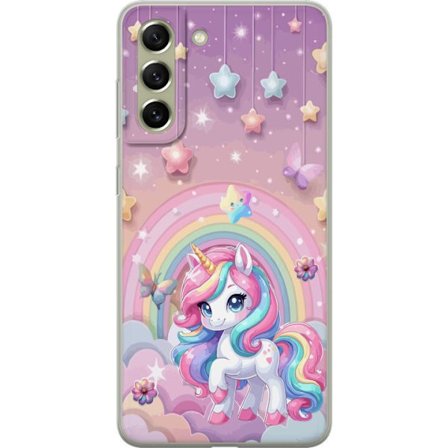 Kompatibelt Mobildeksel til Samsung Galaxy S21 FE 5G Magisk enhjørning med regnbue manke, stjerner og sommerfugler mot en pastellhimmel med skyer