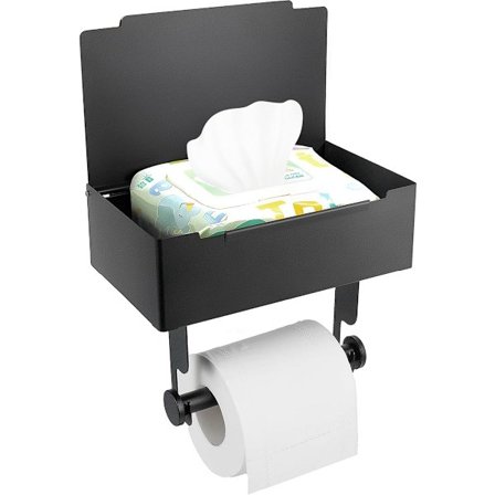 Matt Svart Toalettpappershållare - med Ställ och Hylla - Ingen Borrning Krävs