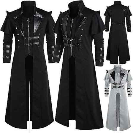 Vintage Halloween Medieval Steampunk Assassin Elves Pirate Costume Adult Men Black Long Split Jacket Gothic Armor Leather Coats -a