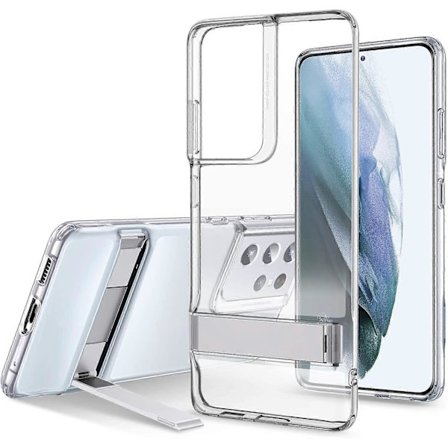 Metallstativskal Kompatibelt med Samsung Galaxy S21 Ultra 6,8 tum (2021), förstärkt fallskydd, tvåvägsmetallstativ, transparent (FMY)