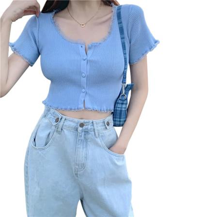 Crop Top Kvinnor Spets U-hals Tunn Coat Stickad Knapp Kort Ärm