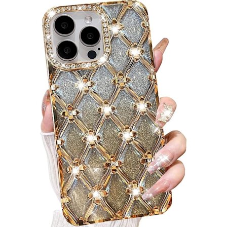 til iPhone 16 Pro Max Glitter Bling Cover, Sødt Luksus 3D Glimmer Rhinestone Diamant Blomst Blød TPU Belægning Kofanger Stødsikker Kvinder Piger Slank