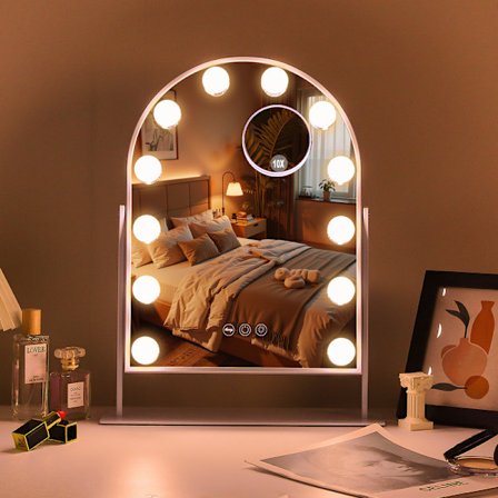 FENCHILIN Hollywood Makeup Spejl med Lys 360° Drejelig Justerbar Belysning Bordpladespejl 30 x 41cm Hvid 10X Forstørrelse