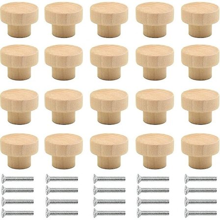 20 stk Treskapshåndtak Runde Naturlige Treknapper Treskapsknott Tredørknott Skuffeknott Passer for Skap, Skuffer, Garderober K-FA6-