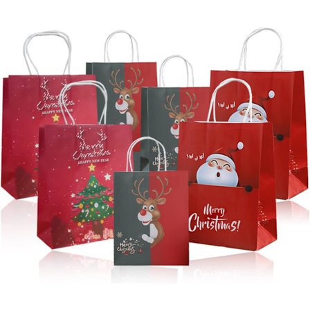 Presentpåsar, julpresentpåsar i papper med handtag, presentpåsar i kraftpapper för presentinslagning (9 stycken)