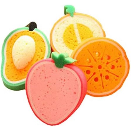 Healifty 4 stk. Fruktformet Badesvamp Badebørster Skrubber for Barn (Mango + Honningmelon + Appelsin + Jordbær)