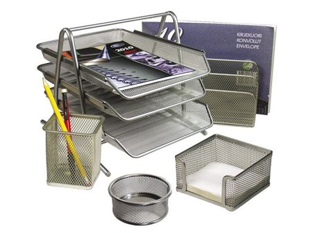 Skrivbordsset, metalltråd, 5-delars set, silver och grå - Lyreco - Kontorsmaterial - Till skrivbordet - Brevkorgar