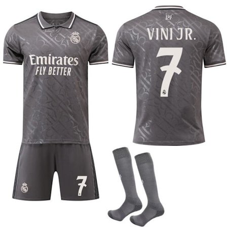 2024-2025 Real Madrid Bortatröja Grå Fotbollströja med Strumpor för Barn Vuxen No.7 VINI JR No.7 VINI JR