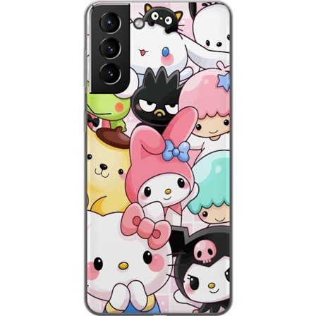 Kompatibelt Mobildeksel til Samsung Galaxy S21+ 5G Tett mønster av søte figurer med store øyne i ulike farger og uttrykk med LABUBU-tekst