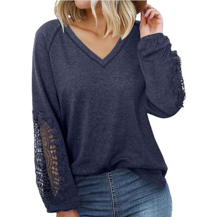 Dam V-ringad T-shirt Enfärgad Pullover Långärmad Blus