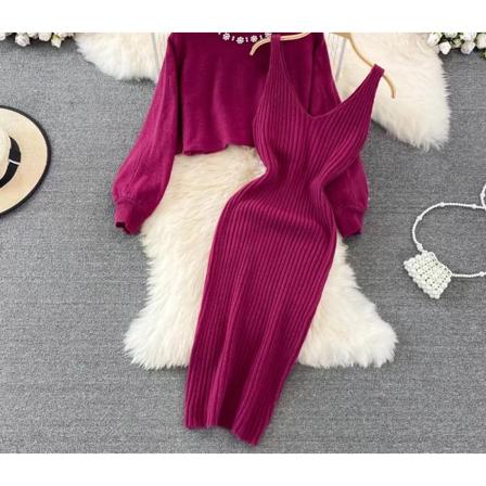Tvådelad het tjej stickad väst klänning rund hals pärla hög midja tröja Purplish red Average size