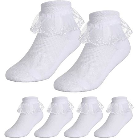 3 par spetsstrumpor med volang, vita, flickor 5-7 år