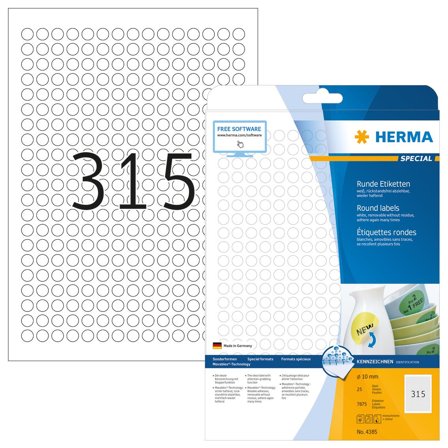 Herma Special - Papir - matt - fjernbart selv-adhesiv - hvit - 10 mm rund 7875 etikett(er) (25 ark x 315) merkelapper