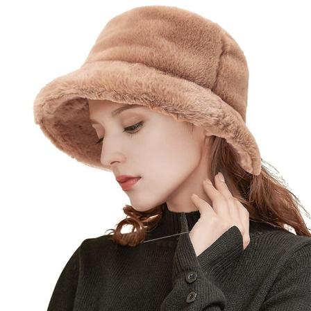 Kvinners Faux Fur Bucket Cap Varm Lue Bred Bremskjerm Unisex Fluffy Vinter Myk Lue Khaki