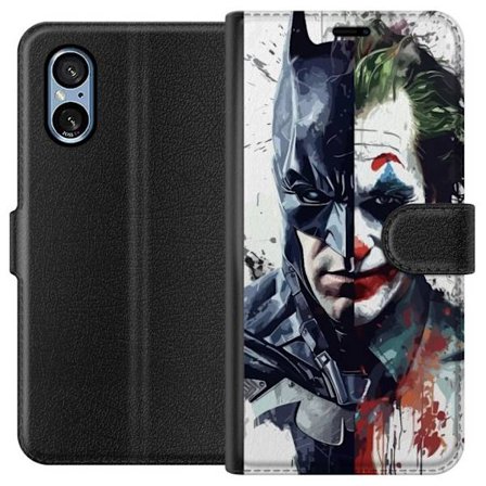 Yhteensopiva Lompakkokotelo Sony Sony Xperia 5 V Jakettu muotokuva Batmanista ja Jokerista dramaattisessa kuvituksessa, kuvankaunis supersankariteema