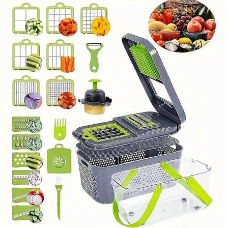"Kompakti Monitoimilaite" 22-in-1 Monitoiminen Vihannesleikkuri & Hedelmäviipalointisetti 13 Terällä - Täydellinen Salaateille, Perunoille, 