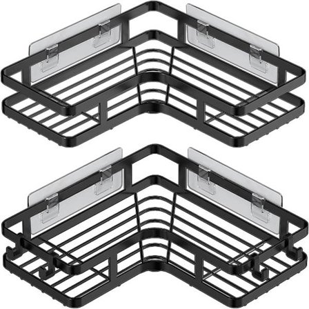 2-pak hjørnebruserhylde med 4 rustfri kroge, borefrit badeværelsesopbevaringssystem