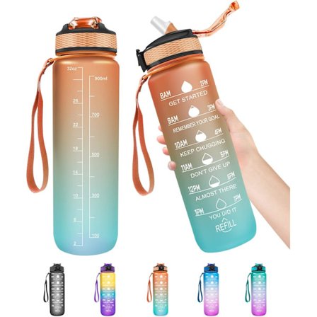 1 liters vattenflaska med sugrör, tidsmarkeringar Sport vattenflaska för fitness, utomhus, cykling, gym, skola och kontor