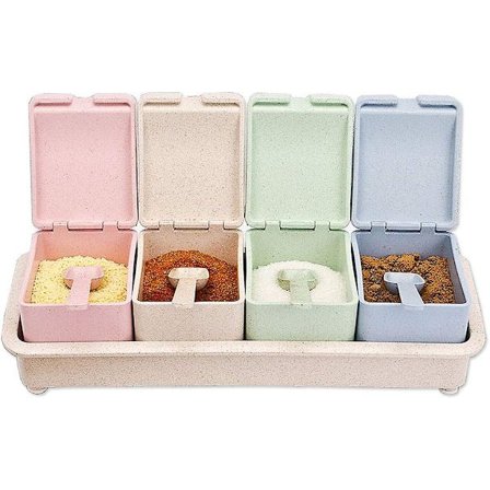 Maustelaatikko, maustepurkkilaatikko, keittiö- ja kodin maustelaatikko kannella ja lusikalla maustepurkki (4 kennoa)