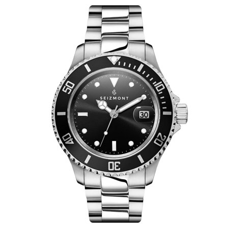 Tide II | Silver-Tone Stainless Steel Quartz Movement Dive Watch With Black Dial & Cyclops for Men - Wrist watches