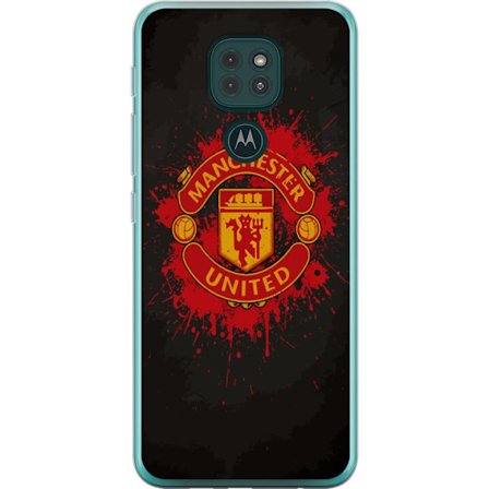 Kompatibelt Mobildeksel til Motorola Motorola Moto G9 Play Manchester United logo i rød og gul farge med røff sportslig bakgrunn