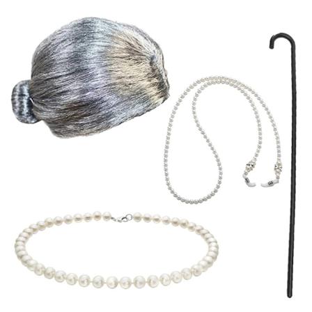 1set Old Lady Set Grå Hår Cosplay Granny Grey Peruk Rollspel A