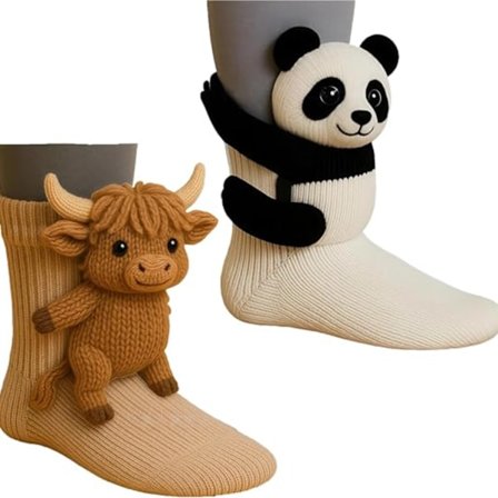 2 Par 3D-strikkede dyresokker – Håndlagde søte varme nyhetssokker for gulv til jul