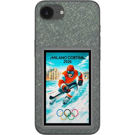 Yhteensopiva Puhelinkuori Apple iPhone 16e Curlingkuvitus pelaajilla ja kivillä jäällä, Milano Cortina 2026, lumisia roiskeita ja olympiasormukset
