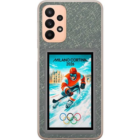 Yhteensopiva Puhelinkuori Samsung Galaxy A23 Curlingkuvitus pelaajilla ja kivillä jäällä, Milano Cortina 2026, lumisia roiskeita ja olympiasormukset