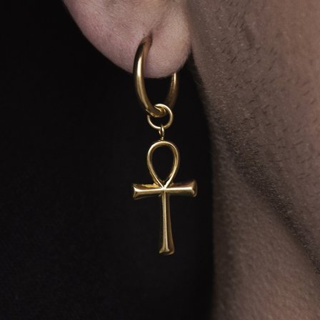 Pendiente de aro con colgante de Anj de titanio dorado para hombres - Pendientes de aro con colgante