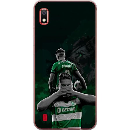 Yhteensopiva Puhelinkuori Samsung Galaxy A10 Neonmotiivi, jossa teksti "Gaming is in my DNA" sinisenä ja punaisena tiiliseinällä, jossa loistava DNA-s