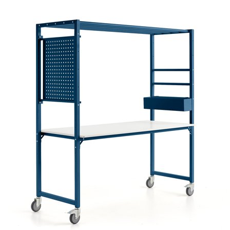 Mobiler Tisch TEAMWORK, Zubehörbox, Werkzeugtafel, blau/weiß