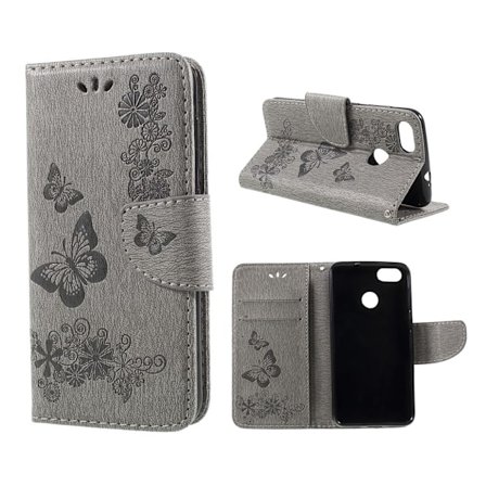 Huawei P9 Lite Mini imprinted sommerfugl Blomster PU læder flip etui - Grå